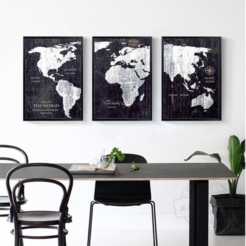 Vintage Black And White World Map Posters Prints - Canvas Wall Art Painting | Bowlift