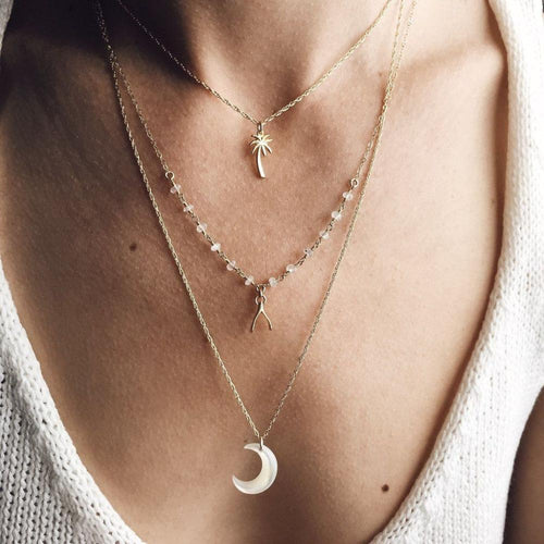 Multi Layered Boho Coconut Tree, Wish Bone, Moon Pendant Necklace | Bowlift