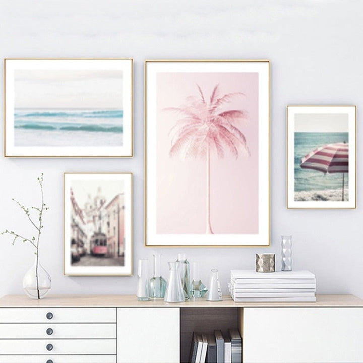 Refreshing Seascape Pink Coconut Tree - Canvas Wall Art Painting | Bowlift
