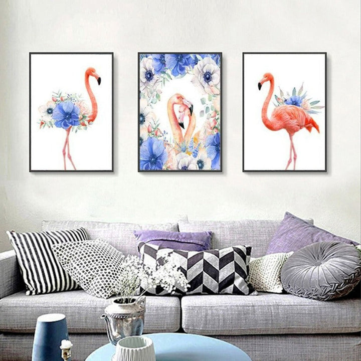 Nordic Animals Flamingo Purple Flower - Canvas Wall Art Painting | Bowlift