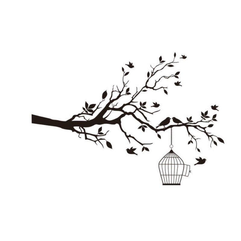 Tree Branch Wall Art Sticker with Bird Cage Removable Vinyl Wall Decals | Bowlift