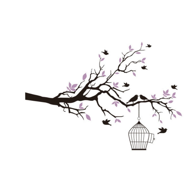 Tree Branch Wall Art Sticker with Bird Cage Removable Vinyl Wall Decals | Bowlift