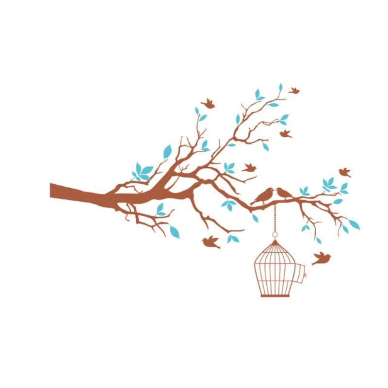 Tree Branch Wall Art Sticker with Bird Cage Removable Vinyl Wall Decals | Bowlift