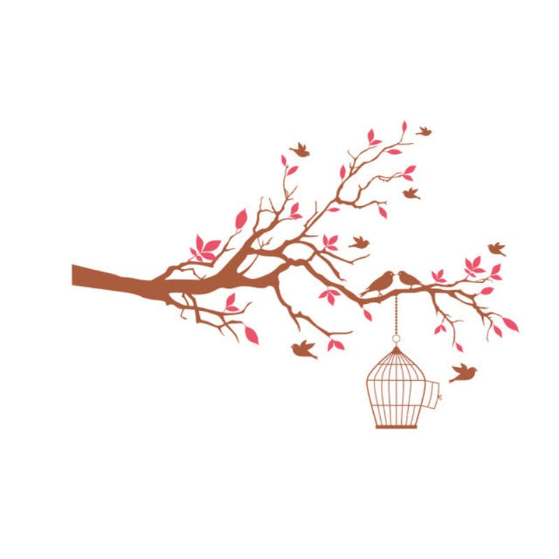 Tree Branch Wall Art Sticker with Bird Cage Removable Vinyl Wall Decals | Bowlift
