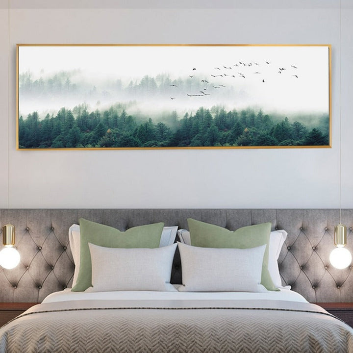 Nordic Fog Birds Foresters Landscape - Canvas Wall Art Painting | Bowlift