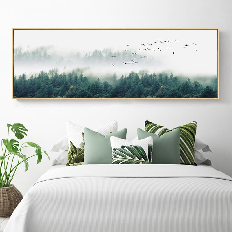 Nordic Fog Birds Foresters Landscape - Canvas Wall Art Painting | Bowlift