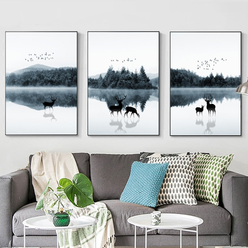 Nordic Scandinavia Landscape Deer - Canvas Wall Art Painting | Bowlift