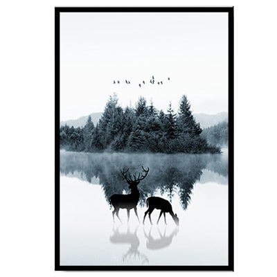 Nordic Scandinavia Landscape Deer - Canvas Wall Art Painting | Bowlift