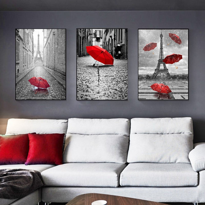 Vintage Eiffel Tower Red Umbrella - Canvas Wall Art Painting | Bowlift