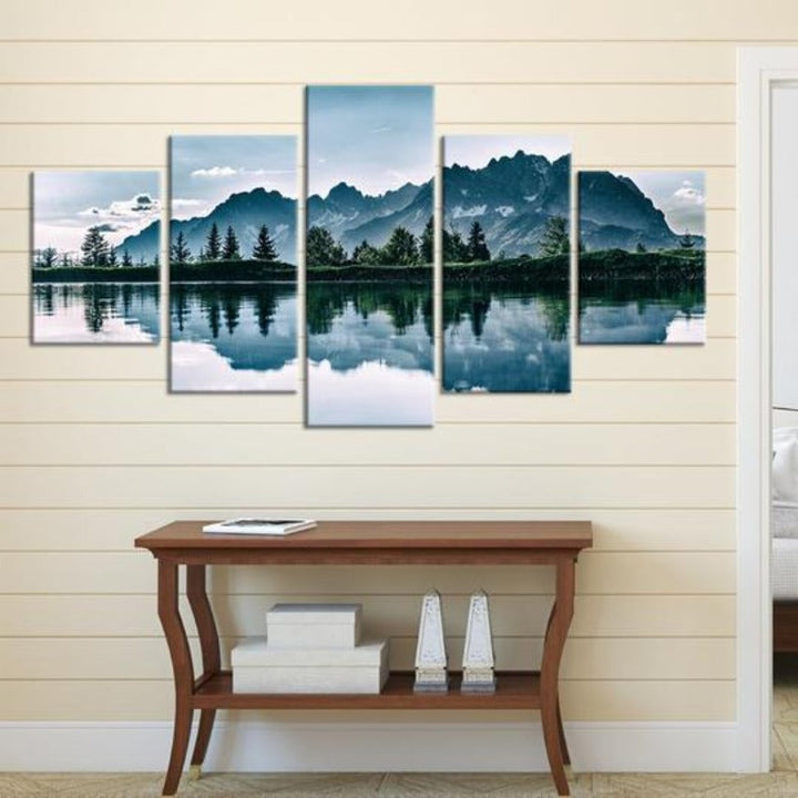 Mountains Lake Tree Scenery - Canvas Wall Art Painting | Bowlift
