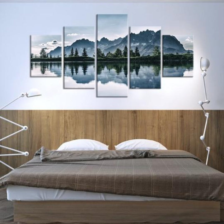 Mountains Lake Tree Scenery - Canvas Wall Art Painting | Bowlift