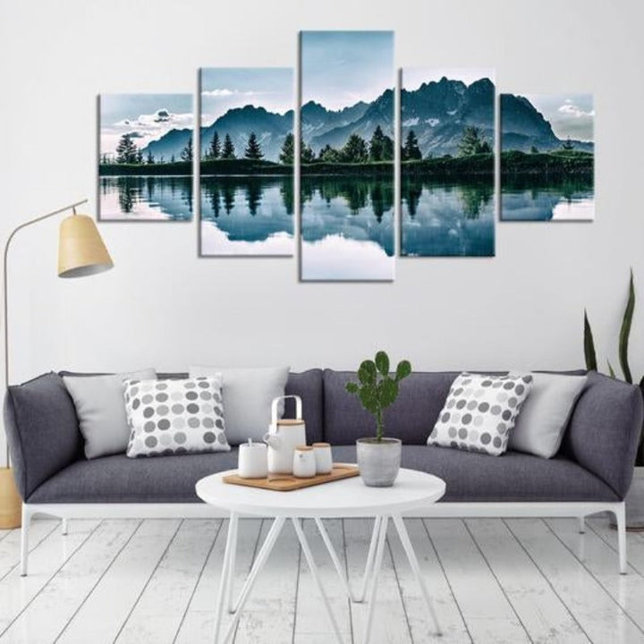 Mountains Lake Tree Scenery - Canvas Wall Art Painting | Bowlift