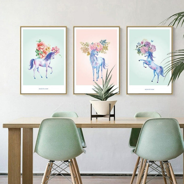 Nordic Cartoon Animals Flowers Unicorn - Canvas Wall Art Painting | Bowlift