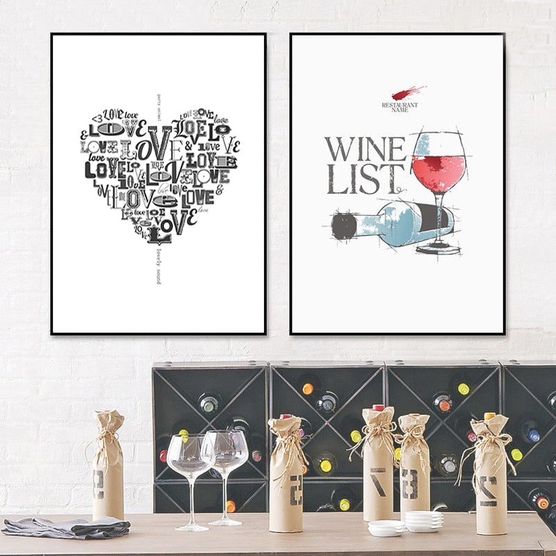Love Heart Wine Prints Kitchen Posters - Canvas Wall Art Painting | Bowlift