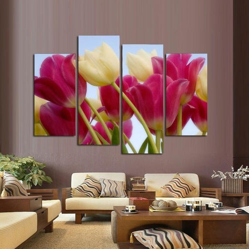 White Pink Tulips Flowers - Canvas Wall Art Painting | Bowlift