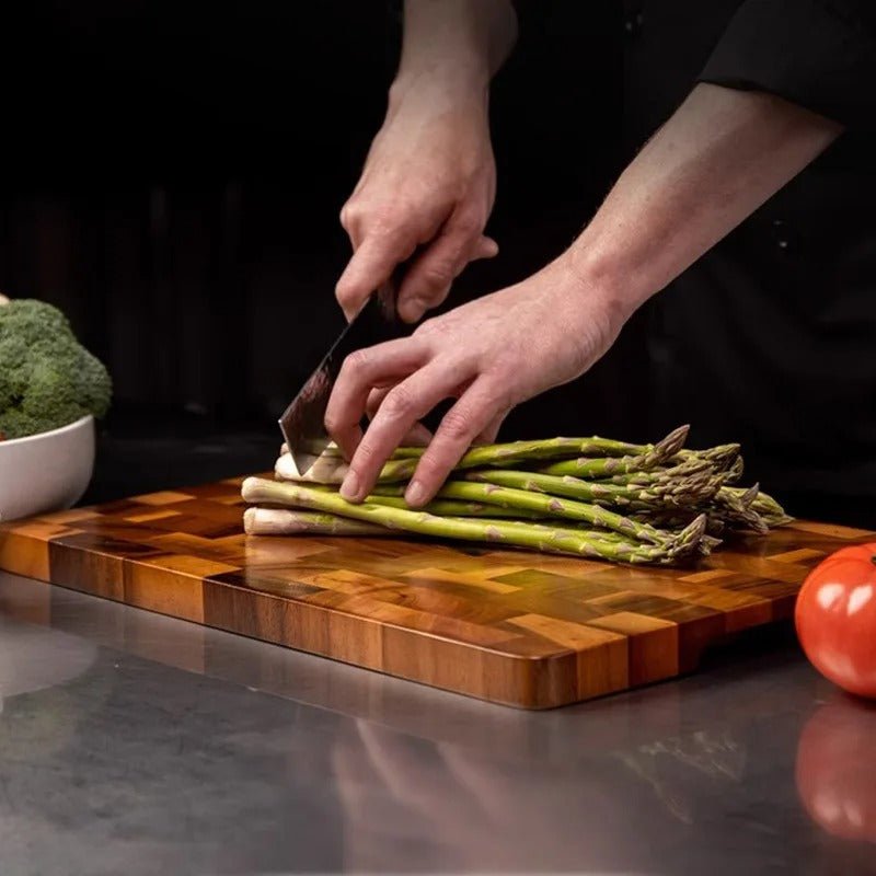 BowLift | TIMBERSERVE – Antibacterial Acacia Wood Cutting Board with Elegant Chessboard Design