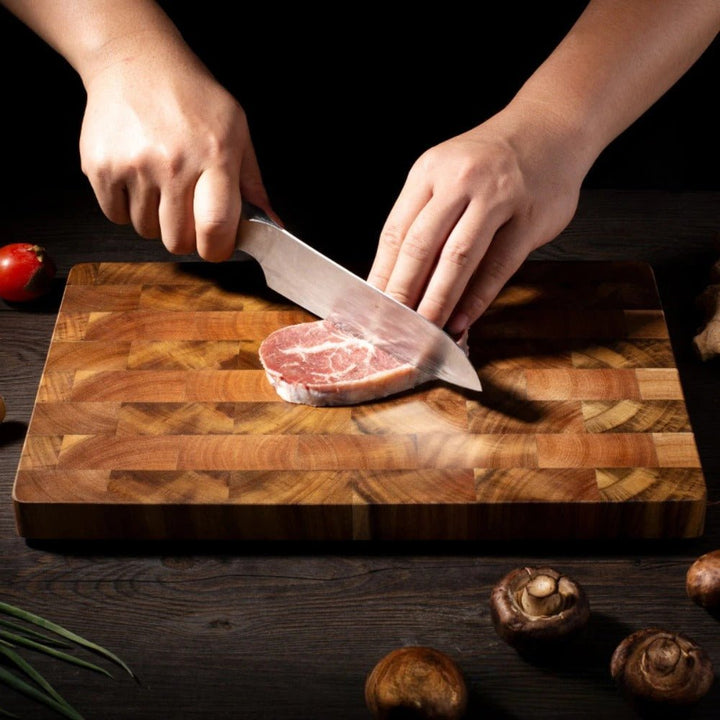 BowLift | TIMBERSERVE – Antibacterial Acacia Wood Cutting Board with Elegant Chessboard Design