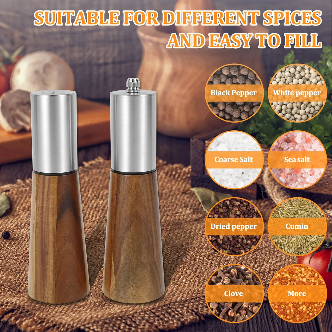 Refillable Acacia Wood Salt  Shaker and Pepper Spice Mill Grinder Set | Bowlift