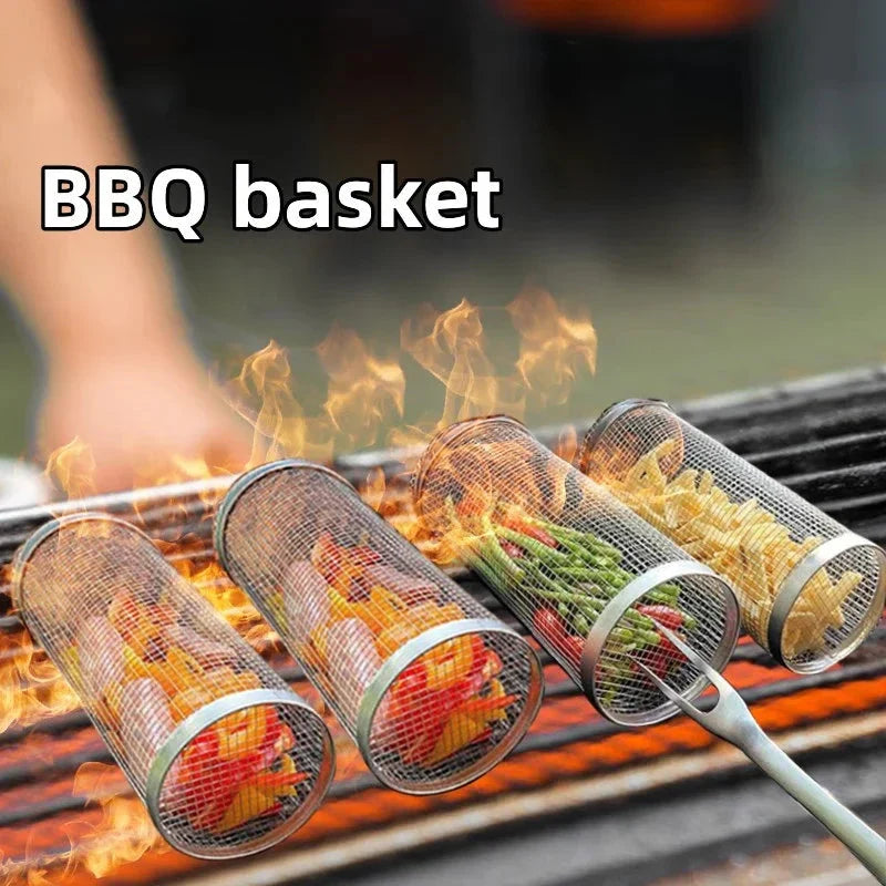 Rolling BBQ Basket Grilling Basket Ever Round Stainless Steel Grill Mesh | Bowlift