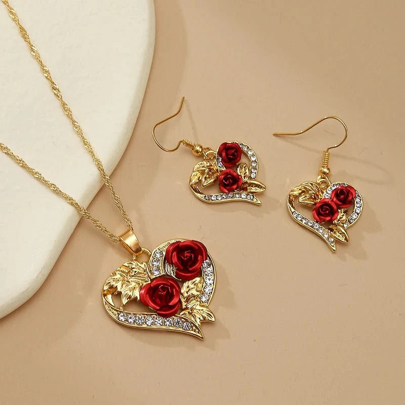 BowLift | Romantic Heart Rose Diamond Necklace and Earring Set