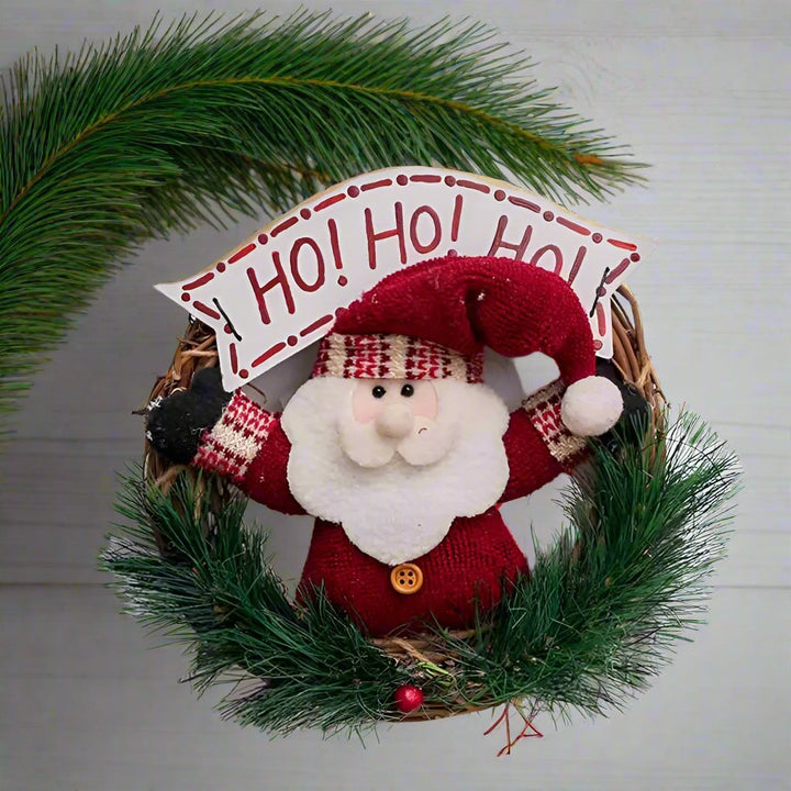 BowLift | Rustic Christmas Wooden & Rattan Wreath with Santa, Snowman, and Elk Dolls – Enchanting Holiday Charm Perfect Festive Door Ornaments