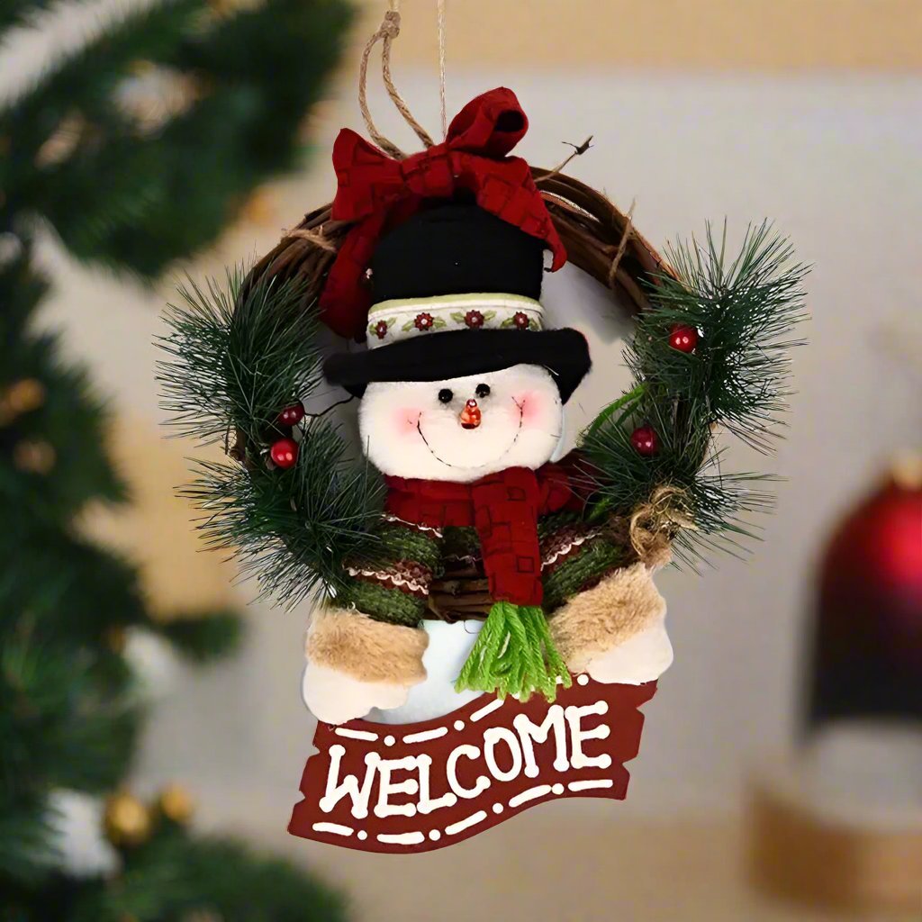 BowLift | Rustic Christmas Wooden & Rattan Wreath with Santa, Snowman, and Elk Dolls – Enchanting Holiday Charm Perfect Festive Door Ornaments