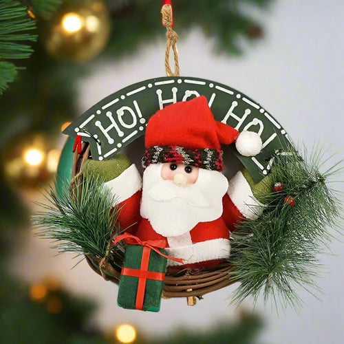 BowLift | Rustic Christmas Wooden & Rattan Wreath with Santa, Snowman, and Elk Dolls – Enchanting Holiday Charm Perfect Festive Door Ornaments