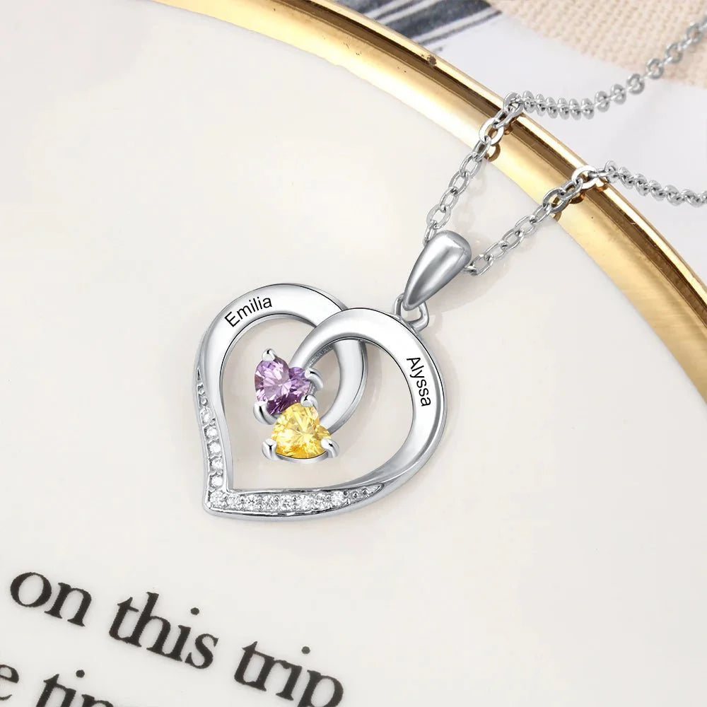 BowLift | S925 Personalized Two Name & Birthstone Heart Pendant Necklace
