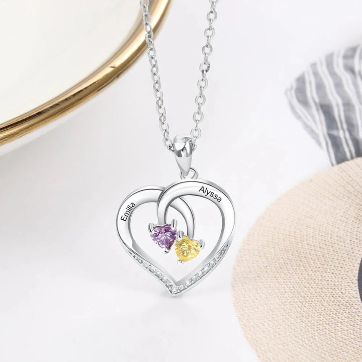 BowLift | S925 Personalized Two Name & Birthstone Heart Pendant Necklace
