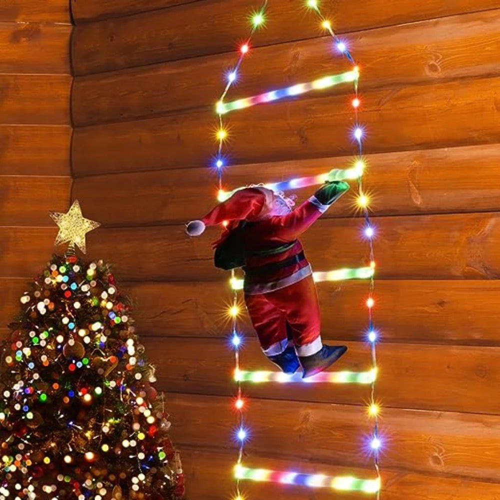 BowLift | Santa Claus Climbing Ladder with LED String Lights – Festive Christmas Decor for Home, Window & Tree