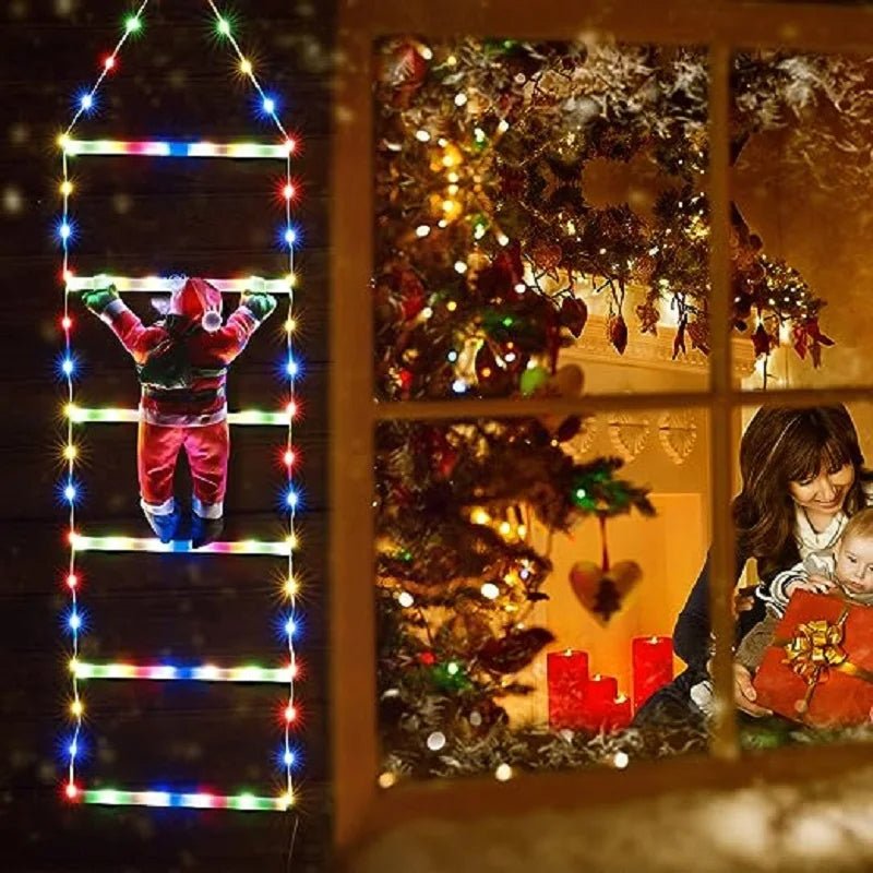 BowLift | Santa Claus Climbing Ladder with LED String Lights – Festive Christmas Decor for Home, Window & Tree