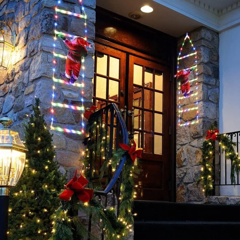 BowLift | Santa Claus Climbing Ladder with LED String Lights – Festive Christmas Decor for Home, Window & Tree