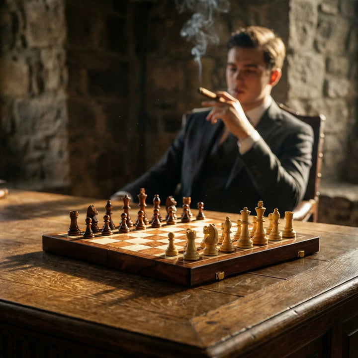 Wooden chess set foldable with chess pieces | Bowlift