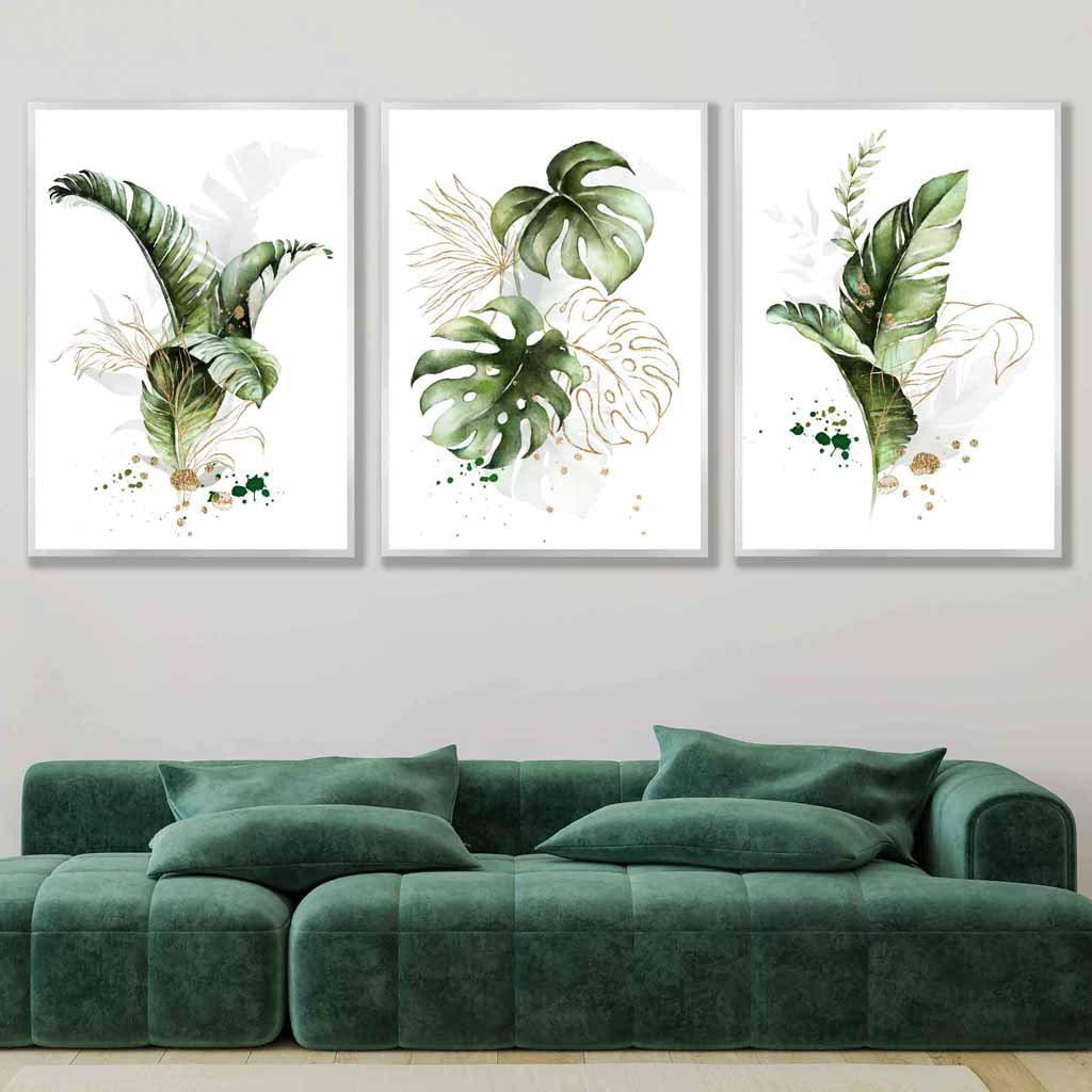 Botanical set of 3 green and golden floral wall art prints | Bowlift