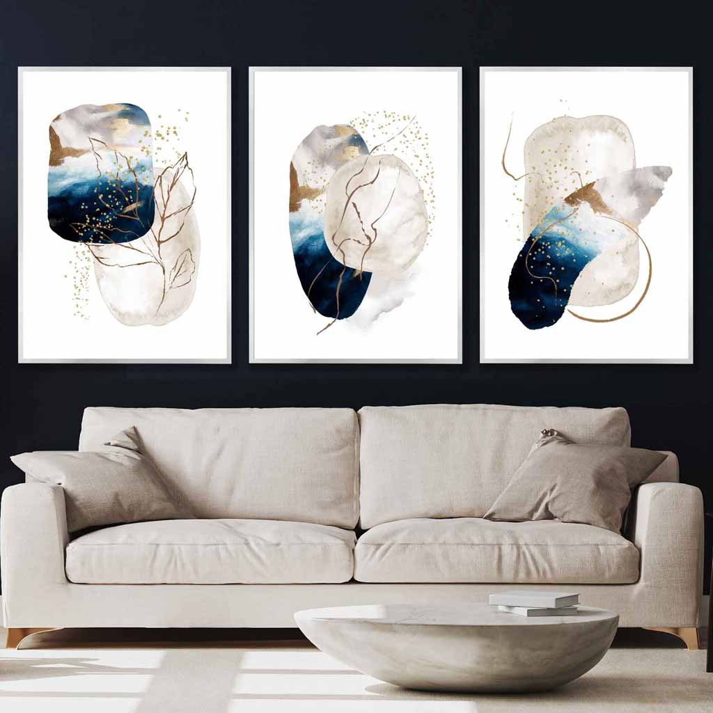Abstract Textured Navy Blue, Ivory and Gold Set of 3 Wall Art Prints | Bowlift