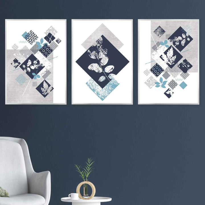 BOTANICAL Set of 3 abstract geometric navy blue and aqua colored flower prints | Bowlift