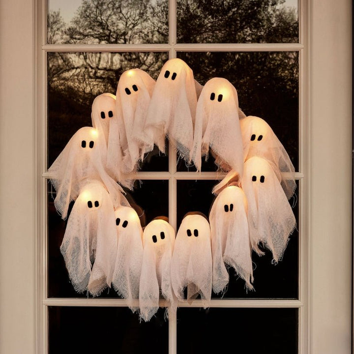 BowLift | SPOOKGLOW – LED Ghost Wreath with 12 Illuminated Spirits