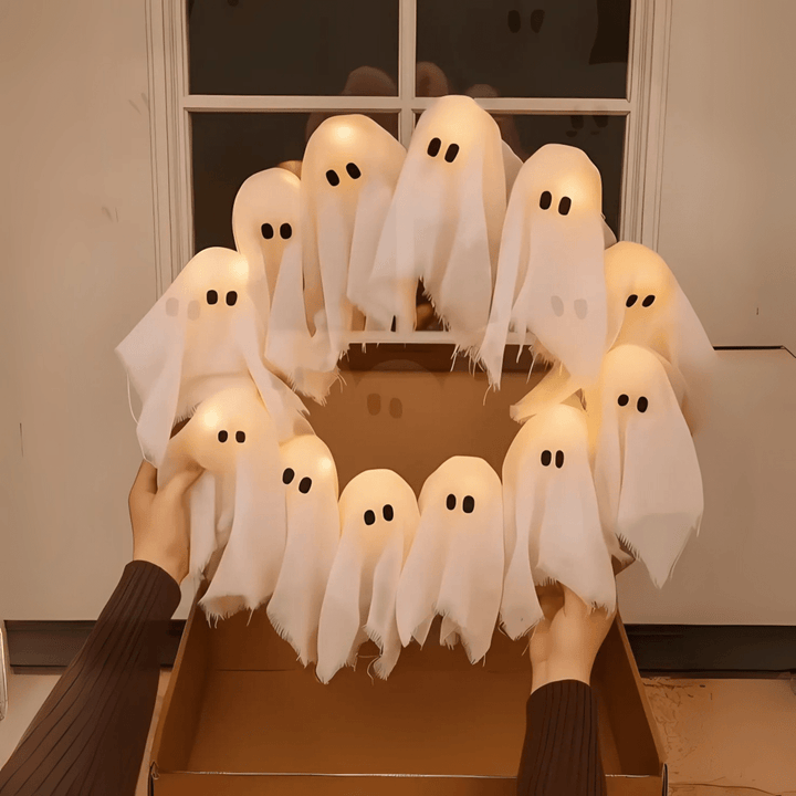 BowLift | SPOOKGLOW – LED Ghost Wreath with 12 Illuminated Spirits