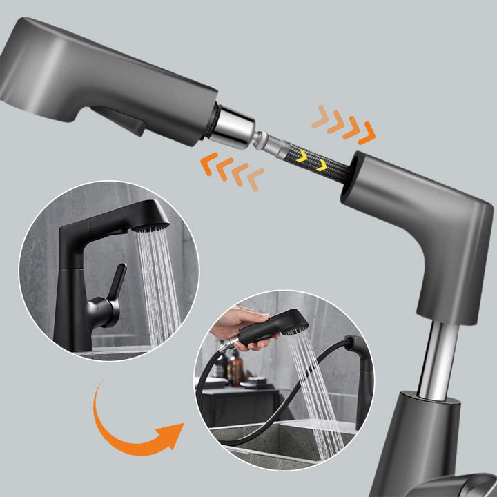 BowLift | Modern Bathroom Basin Tap with Pull-Out Spray Head – 360° Swivel & Dual-Mode Water Flow