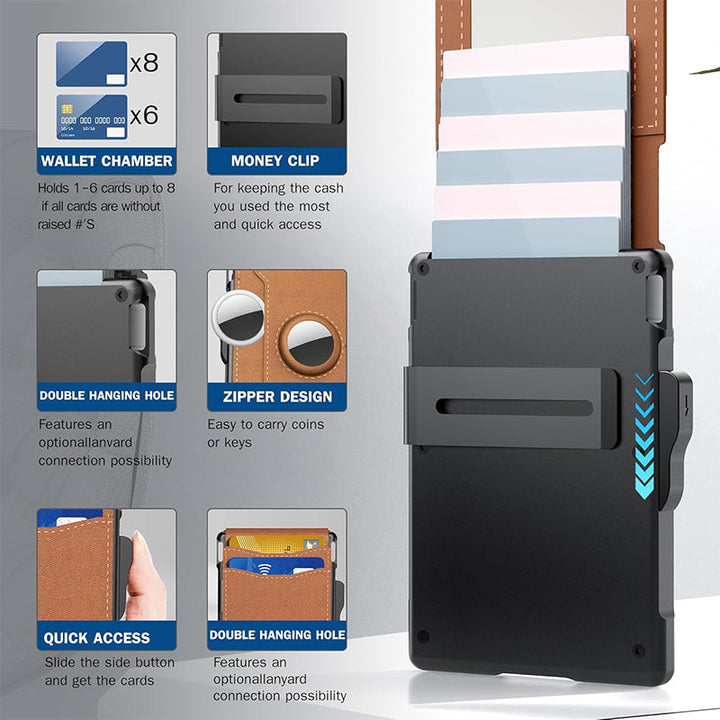 BowLift | Wallet for men - with pop-up aluminum case Minimal wallet with leather money clip with space for credit cards RFID blocking