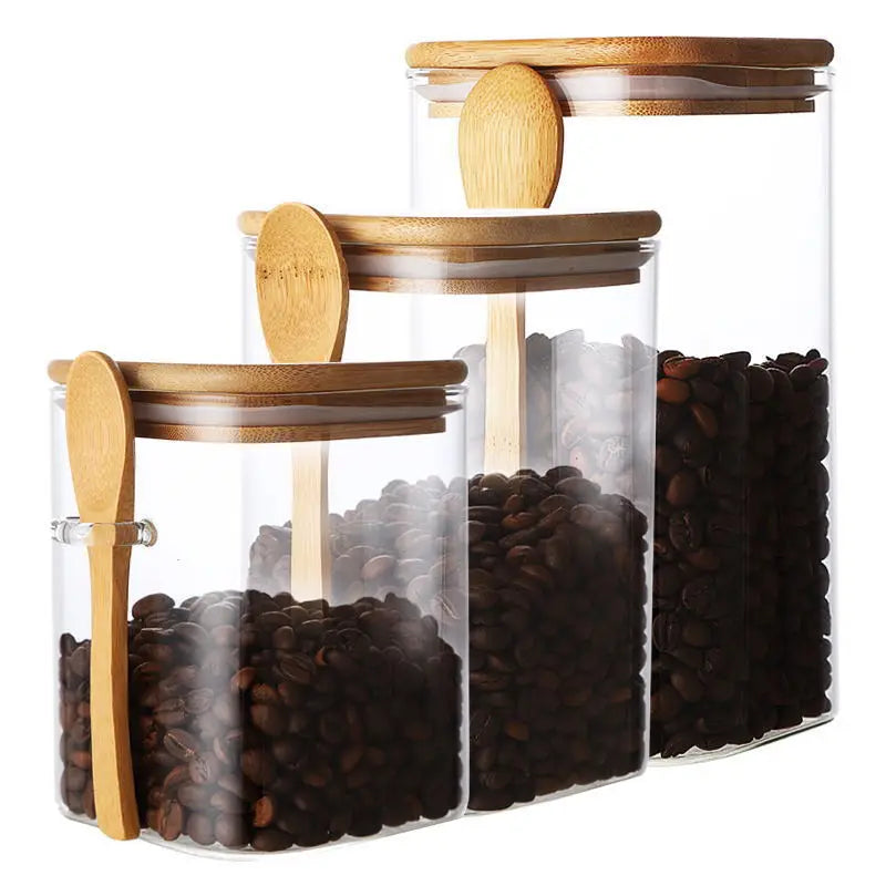 Square Glass Storage Jar with Wooden Spoon and Lid Glass Container | Bowlift