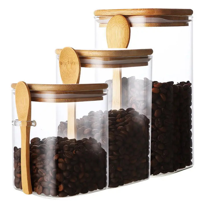 Square Glass Storage Jar with Wooden Spoon and Lid Glass Container | Bowlift