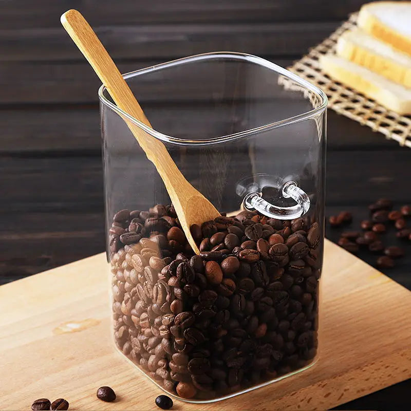 Square Glass Storage Jar with Wooden Spoon and Lid Glass Container | Bowlift