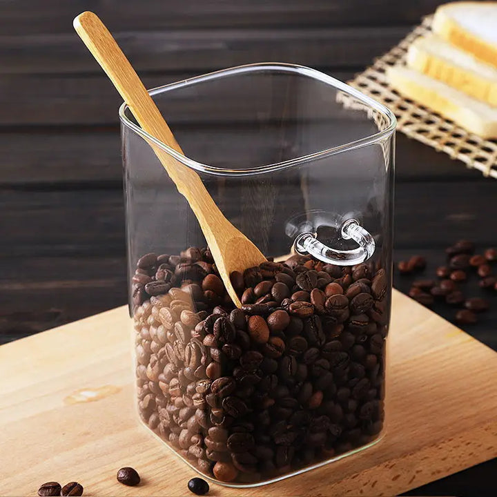 Square Glass Storage Jar with Wooden Spoon and Lid Glass Container | Bowlift