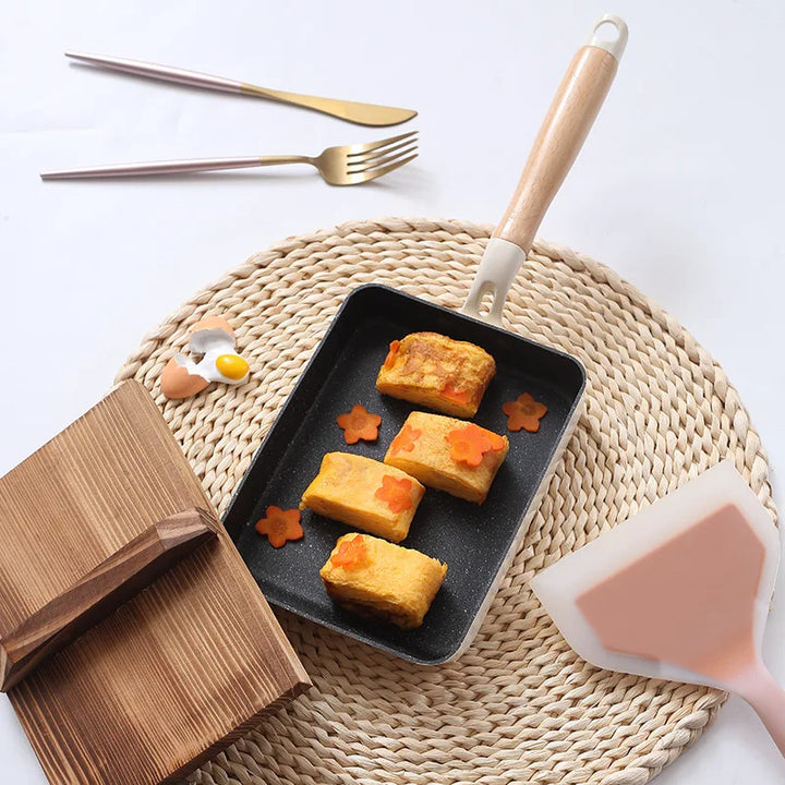 Square Maifan Stone Non Stick Frying Pan with Wooden Handle Cookware | Bowlift