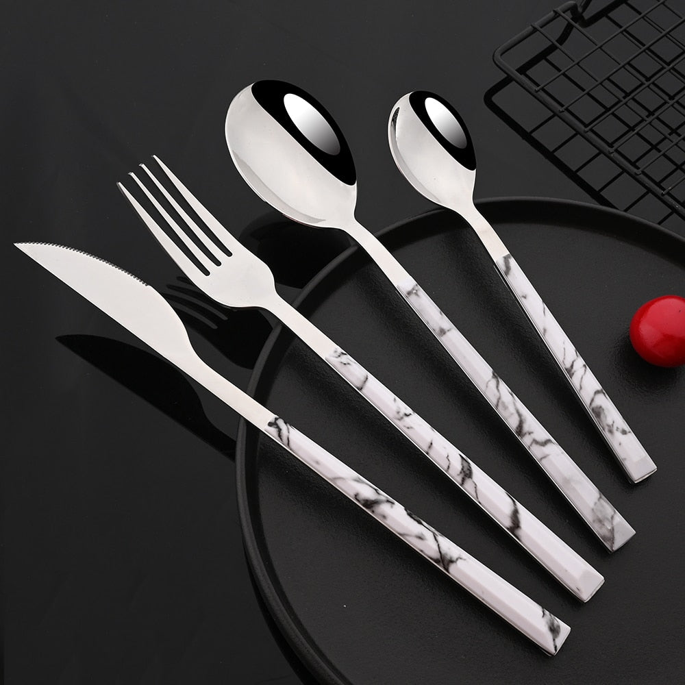Stainless Steel Cutlery Set Imitation Marble Handle Tableware | Bowlift