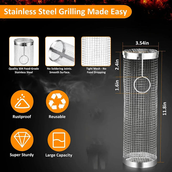 Stainless Steel Grill Basket Portable Barbecue Cage Rolling Grilling Basket | Bowlift