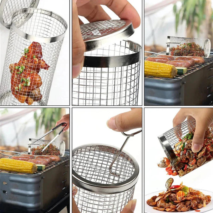 Stainless Steel Grill Basket Portable Barbecue Cage Rolling Grilling Basket | Bowlift