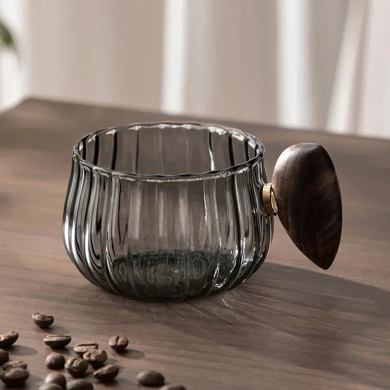 Striped Heat Resistant Silicon Glass Coffee Mug with Wooden Handle | Bowlift