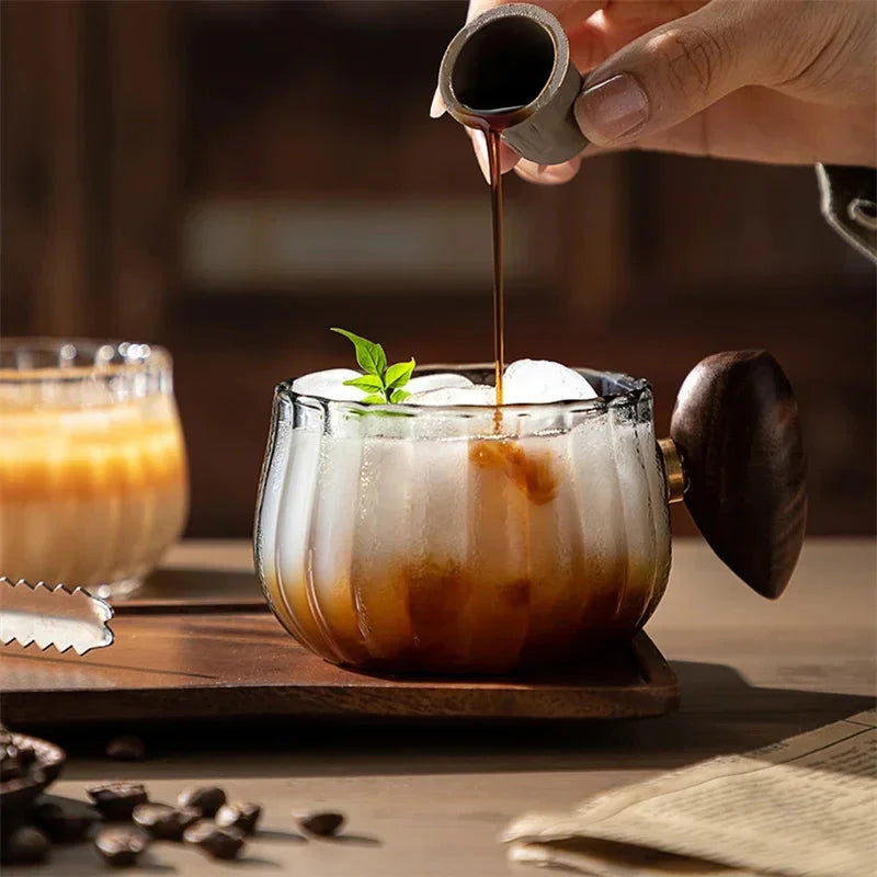 Striped Heat Resistant Silicon Glass Coffee Mug with Wooden Handle | Bowlift